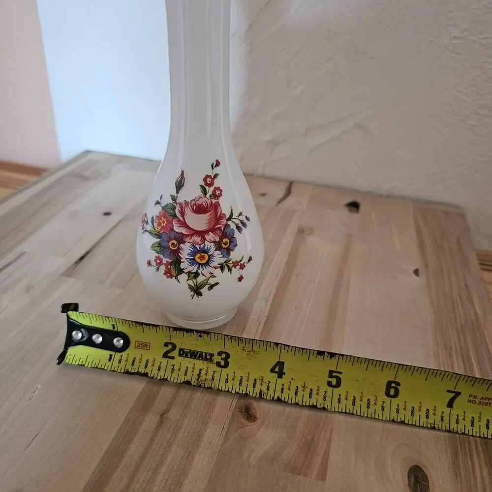 Vintage Frosted Glass Bud Vase – Floral Transfer Design – Mid Century Modern